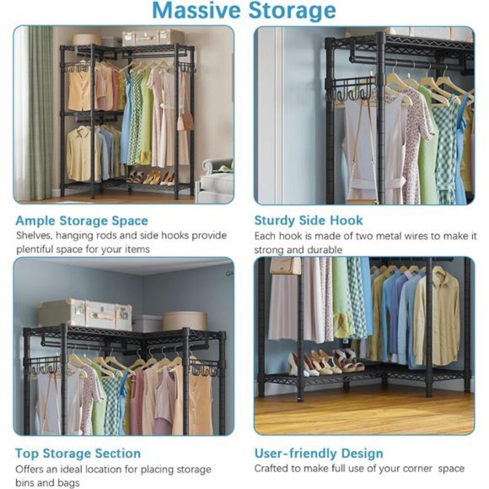 Garment Rack L Shaped Clothes Rack for Corner, Freestanding Portable Wardrobe - Picture 6 of 7